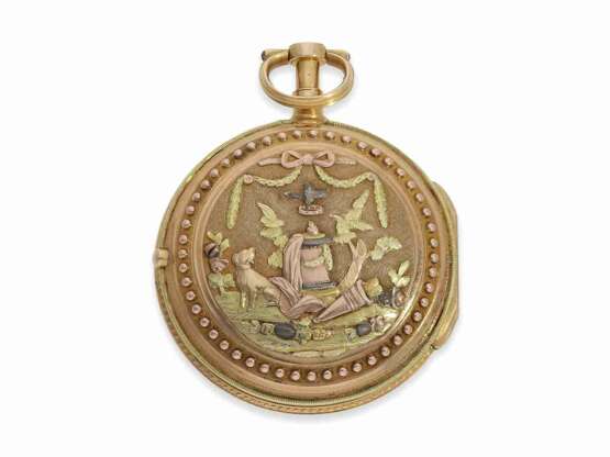 Taschenuhr: seltene, deutsche 4-Farben Louis XV-Goldspindeluhr mit Originalbox und originalem Goldschlüssel, Rudolph Quosig Man(n)heim, ca.1790 - photo 5