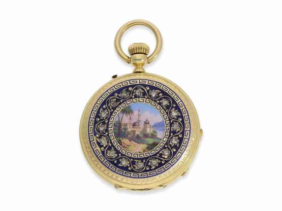 Taschenuhr: prächtige Gold/Emaille-Savonnette mit Diamantbesatz, gefertigt für den indischen Markt, No.6395, Genf um 1855 - фото 2