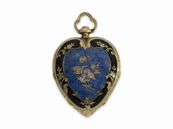 Anhängeuhr/Formuhr: seltene Gold/Emaille-Formuhr "Herz" mit Diamantbesatz, vermutlich Vacheron Geneve für Mellerio dits Meller Paris, ca.1850 - Foto 2