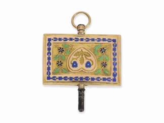 Uhrenschlüssel: Rarität, großer, beidseitig emaillierter goldener Spindeluhrenschlüssel, ca.1800