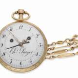 Taschenuhr: hochfeine, große und schwere Zylinderuhr mit Weckwerk, Schlagwerk und massiver Goldkette, signiert Piaget, ca.1850 - photo 1