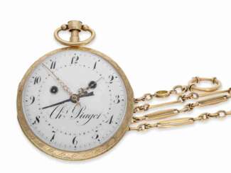 Taschenuhr: hochfeine, große und schwere Zylinderuhr mit Weckwerk, Schlagwerk und massiver Goldkette, signiert Piaget, ca.1850