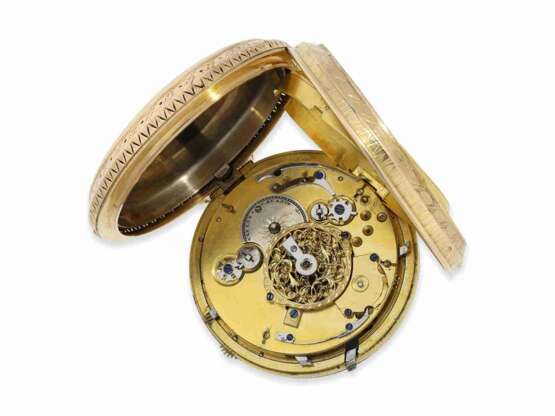 Taschenuhr: hochfeine, große und schwere Zylinderuhr mit Weckwerk, Schlagwerk und massiver Goldkette, signiert Piaget, ca.1850 - Foto 2