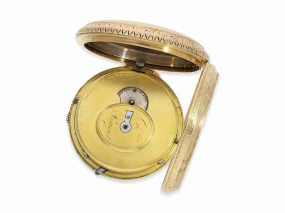 Taschenuhr: hochfeine, große und schwere Zylinderuhr mit Weckwerk, Schlagwerk und massiver Goldkette, signiert Piaget, ca.1850 - Foto 3