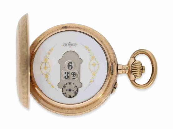 Taschenuhr: frühe rotgoldene Taschenuhr mit springender Stunde und springender Minute nach dem Pallweber Patent, Bellenot & Co. Biel, um 1890 - Foto 1