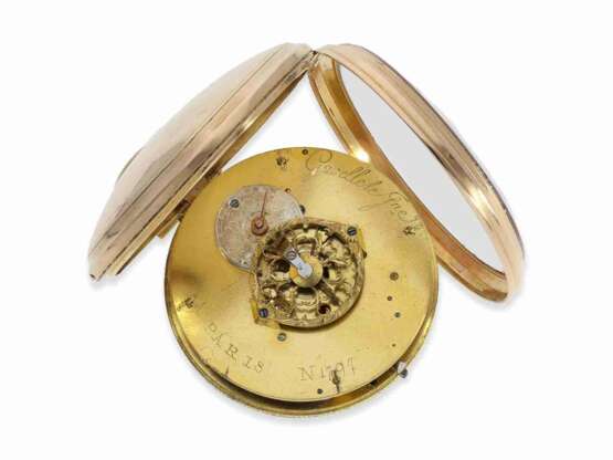 Taschenuhr: Rarität, äußerst ungewöhnliche, frühe goldene astronomische Spindeluhr mit 4 Komplikationen und Emaille-Malerei, Gavelle le Jeune, Eleve de Robin, ca.1790 - Foto 2