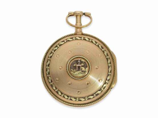Taschenuhr: museale Spindeluhr mit Kalender und Sekunde, dazugehörige Goldchatelaine mit 5 Anhängern, signiert Berthoud Paris, 20K Goldpunze 1774-1780 - фото 4