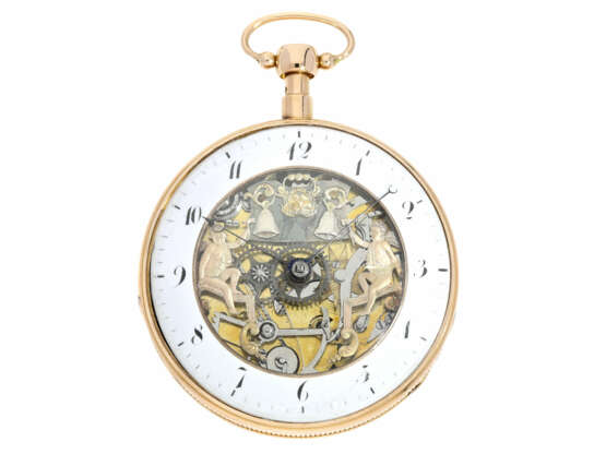 Taschenuhr: 18K Rotgold Taschenuhr mit Repetition und skelettiertem Figurenautomat Jacquemart, ca. 1820 - photo 1