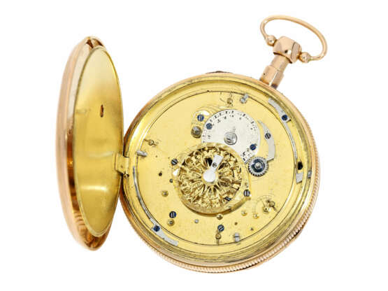 Taschenuhr: 18K Rotgold Taschenuhr mit Repetition und skelettiertem Figurenautomat Jacquemart, ca. 1820 - photo 2