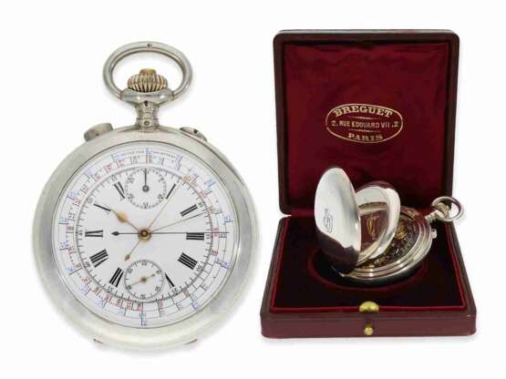 Taschenuhr: Rarität, Breguet Taschenchronometer mit Schleppzeigerchronograph und Zähler, No. 2478, mit Originalbox, Paris ca.1915 - photo 1