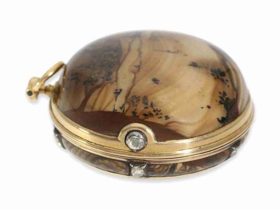 Taschenuhr: Rarität, hochfeine englische Spindeluhr mit Moosachat-Gehäuse und Diamantbesatz, James Hubert London No.585, ca.1750 - photo 4
