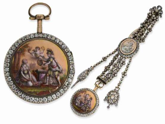 Taschenuhr: museale, äußerst ungewöhnliche Gold/Emaille-Taschenuhr mit dazugehöriger Chatelaine, Vaucher Paris, ca.1780 - Foto 1