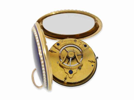 Taschenuhr: große, hochfeine englische Gold/Emaille-Spindeluhr mit Orientperlenbesatz, Spitzenqualität, Brown Cheapside London No. 978, ca.1800 - photo 6
