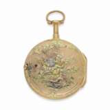 Taschenuhr: museale 4-Farben 20K Gold Relief-Spindeluhr mit Repetition und dazugehöriger 4-Farben Goldchatelaine von hervorragender Qualität, Ageron Paris No.710, ca.1765 - photo 4
