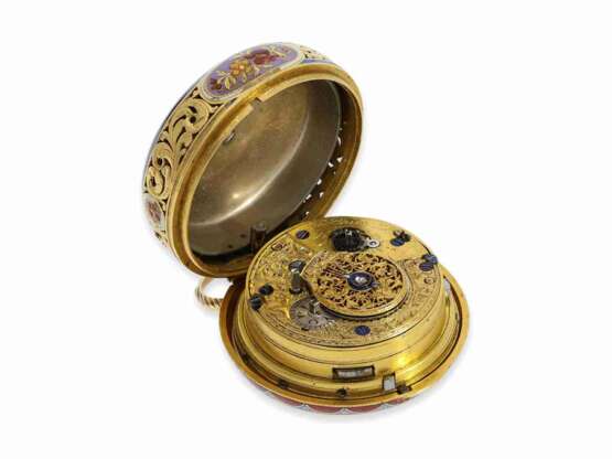 Taschenuhr: exquisite Gold/Emaille-Doppelgehäuse-Spindeluhr mit Repetition, Edward Prior London No.42804, Hallmarks London 1818 - Foto 6