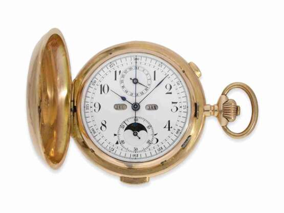 Taschenuhr: schwere, hochkomplizierte 18K Goldsavonnette mit 6 Komplikationen, inklusive Minutenrepetition, Schweiz um 1890 - photo 1