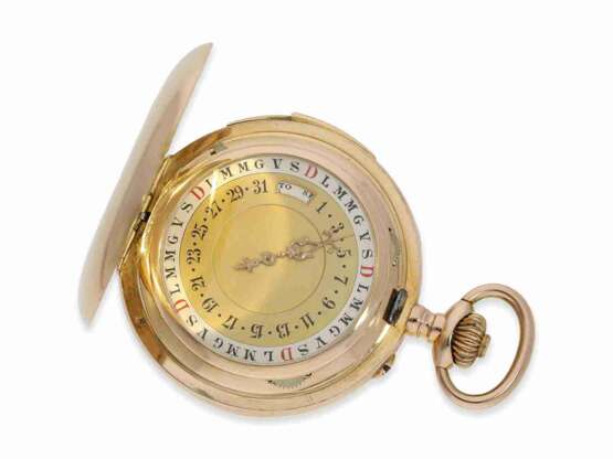 Taschenuhr: extrem rare, doppelseitige Kalenderuhr mit Mondphase und Repetition, Gold/Emaille "Calendrier Brevete" No.1209, signiert Le Coultre, ca.1900 - photo 3