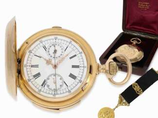 Taschenuhr: beeindruckende High Grade Goldsavonnette mit Minutenrepetition mit Chronograph "Compteur", Spitzenqualität Le Coultre mit Originalbox und Goldchatelaine, ca.1897