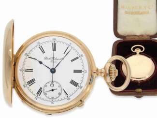 Taschenuhr: frühes Patek Philippe Ankerchronometer mit Chronograph, geliefert an PP Kommissionär Maurer in Barcelona, No.66430, ca.1887, mit Originalbox und Stammbuchauszug