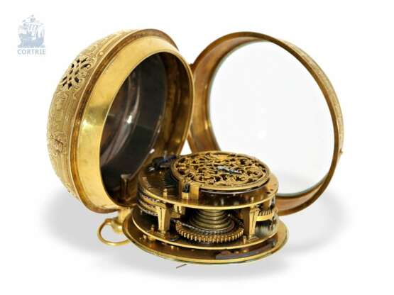 Taschenuhr: museale Rarität, Louis XIV Oignon mit massivem Goldgehäuse, Goldblatt und Repetition, Antoine Frizon Paris, um 1705, lediglich 4 dieser Uhren sind bekannt! - photo 7