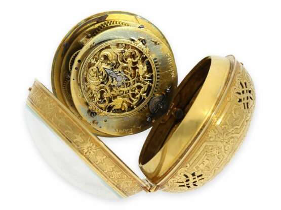 Taschenuhr: museale Rarität, Louis XIV Oignon mit massivem Goldgehäuse, Goldblatt und Repetition, Antoine Frizon Paris, um 1705, lediglich 4 dieser Uhren sind bekannt! - Foto 8