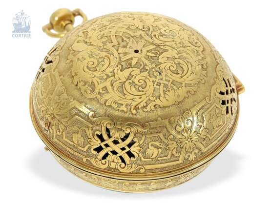 Taschenuhr: museale Rarität, Louis XIV Oignon mit massivem Goldgehäuse, Goldblatt und Repetition, Antoine Frizon Paris, um 1705, lediglich 4 dieser Uhren sind bekannt! - Foto 9
