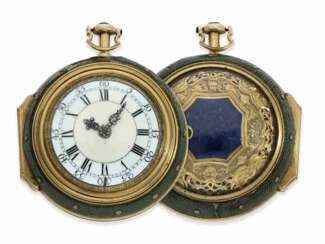 Taschenuhr: bedeutende Gold/Emaille-Spindeluhr mit Schlagwerk und Steinbesatz, Charles Cabrier London für den russischen Markt, um 1730, 1/8-Repetition