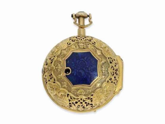 Taschenuhr: bedeutende Gold/Emaille-Spindeluhr mit Schlagwerk und Steinbesatz, Charles Cabrier London für den russischen Markt, um 1730, 1/8-Repetition - Foto 5