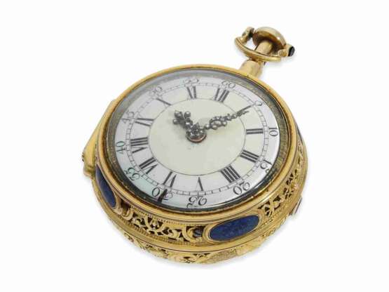 Taschenuhr: bedeutende Gold/Emaille-Spindeluhr mit Schlagwerk und Steinbesatz, Charles Cabrier London für den russischen Markt, um 1730, 1/8-Repetition - photo 6