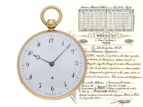 Taschenuhr: extrem rare 20K Breguet No.2282 mit Achtelstunden-Repetition, springender Stunde und Breguet-Rubinzylinder, Paris 1818, mit Breguet-Zertifikat - Foto 1