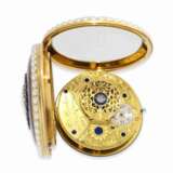 Taschenuhr: exquisite englische Gold/Emaille-Taschenuhr mit ganz früher Ankerhemmung, "Trauergehäuse" mit Andenken, umrandet von Orientperlen und Diamanten - photo 6