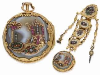 Taschenuhr/Chatelaine: bedeutende, museale Gold/Achat-Spindeluhr mit Edelsteinbesatz, gefertigt für den chinesischen oder russischen Markt, Provenienz "Property of Sir A. Chester Beatty", George Grantham No.7561, ca.1750