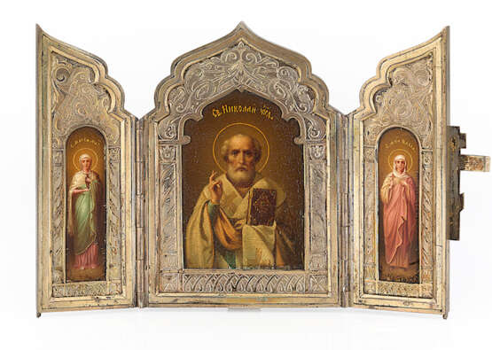 A Miniature Silver Triptych with Nicholas the Miracle-Worker, Maria Magdalena and Holy Martyr Vassa - Foto 1