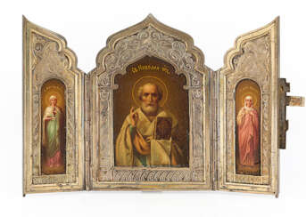 Ein Miniatur-Silber Triptychon mit Nicholas-das Wunder-Arbeiter, Maria Magdalena und der Heiligen Märtyrerin Vassa