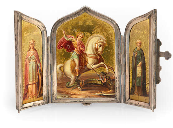 A Presentation Silver Triptych of St Catherine, St George and Sergei of Radonezh - Foto 1