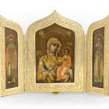 A Silver-Gilt Triptych of the Iverskaya Mother of God, St Nicholas the Miracle-Worker and Sergei of Radonezh with Enamelled Cross - photo 1