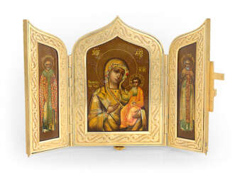 A Silver-Gilt Triptych of the Iverskaya Mother of God, St Nicholas the Miracle-Worker and Sergei of Radonezh with Enamelled Cross