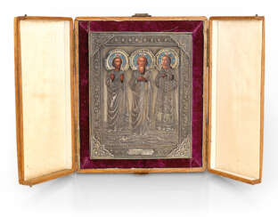 An Icon of St Samon, Gury and Aviv in Silver Oklad with Enamel Halos and Original Wooden Kiot