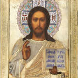 An Icon of Christ Pantocrator in Silver-Gilt and Engraved Oklad with Enamel Halo - фото 1