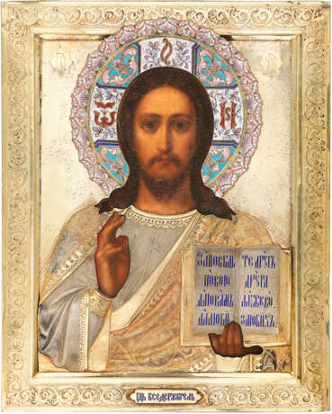 An Icon of Christ Pantocrator in Silver-Gilt and Engraved Oklad with Enamel Halo - photo 1