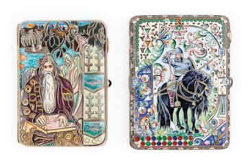 A Silver-Gilt and Cloisonné Enamel Cigarette Case with a Bogatyr