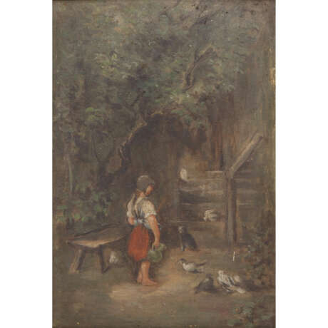 MALER/IN des 19. Jahrhundert, "Mädchen beim Taubenfüttern vor dem Haus", - Foto 1