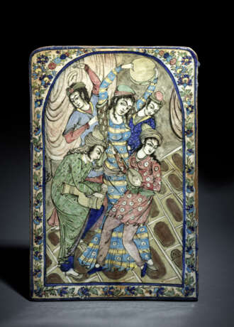 Kachel mit poylchromer Glasur und Darstellung einer musizierenden und tanzenden Gruppe von Männern und Frauen - Foto 1