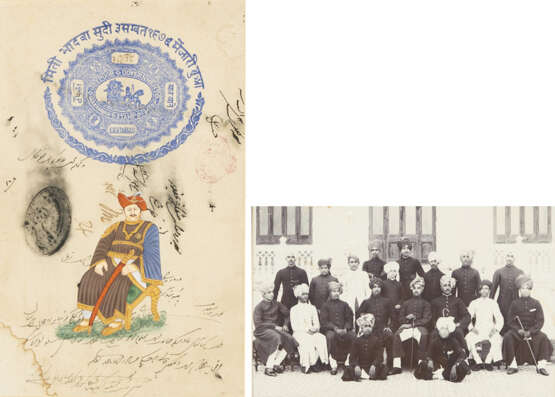 Miniaturmalerei und ein schwarz/weiß Gruppenfoto. Die Miniatur auf einem gestempelten Papier (Jeypoor Government) mit der Darstellung eines sitzenden Würdenträgers. - photo 1