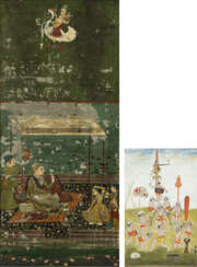 Zwei Malereien, eine Miniatur mit der Darstellung von Akrobaten/Jongleuren und eine Malerei einer höfischen Szene auf Holz mit Spiegeleinfassung.