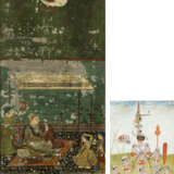 Zwei Malereien, eine Miniatur mit der Darstellung von Akrobaten/Jongleuren und eine Malerei einer höfischen Szene auf Holz mit Spiegeleinfassung. - Foto 1