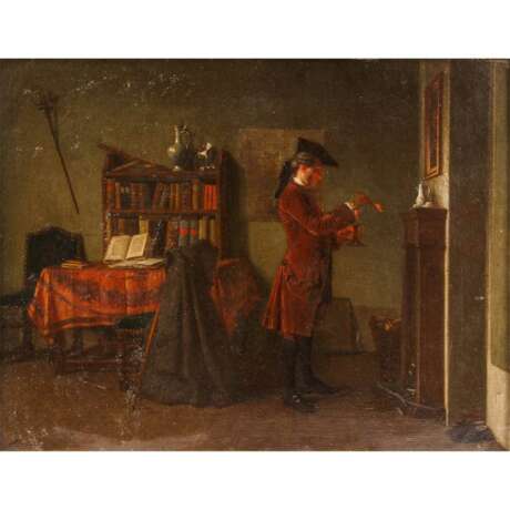 HEIN..., G. ? (undeutl. Restsign., Maler 19. Jahrhundert), "Herr mit Dreispitzhut vor dem Kamin", - Foto 1