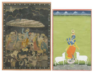 Zwei Miniaturmalereien mit verschiedenen Episoden aus dem Leben Krishnas, u.a. Krishna als Kuhhirte