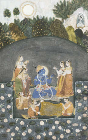 Feine Miniaturmalerei. Darstellung von Krishna umringt von Gobis am Ufer des Yamuna Flusses. - photo 1