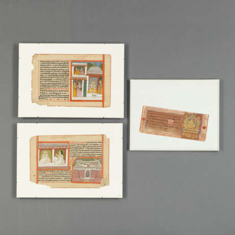 Drei Blätter mit Miniaturmalereien, die Nagari-Manuskripte (Sanskrit) illustrieren, - photo 2